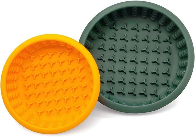 Dog Lick Bowl 2PCS, Silicone Lick mat with Non-Slip Suction Base, Freeze-Friendly Slow Feeder Bowl for Dog Enrichment, Small Orange & Medium Dark Green (5.7" x 1.95" & 6.9" x 2.35")