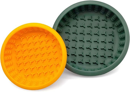 Dog Lick Bowl 2PCS, Silicone Lick mat with Non-Slip Suction Base, Freeze-Friendly Slow Feeder Bowl for Dog Enrichment, Small Orange & Medium Dark Green (5.7" x 1.95" & 6.9" x 2.35")