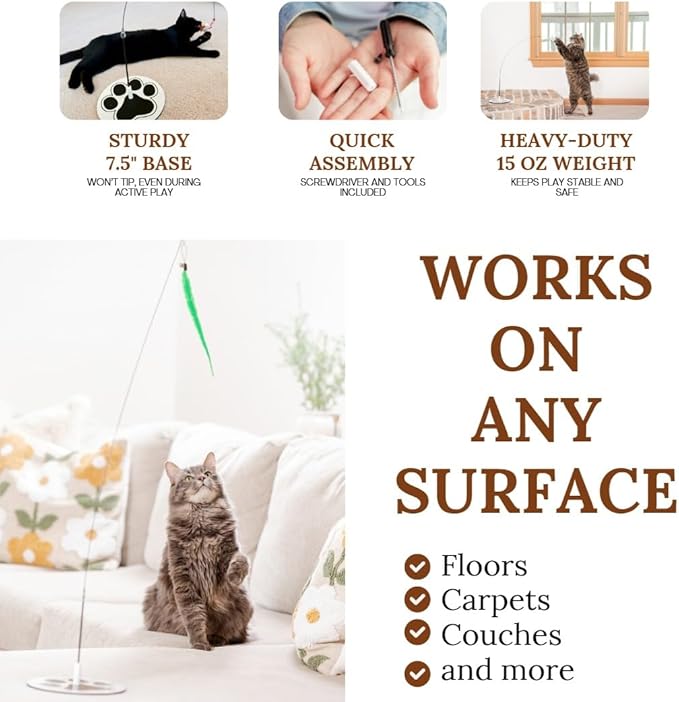 Cat Wand Toy for Indoor Cats - 43 Inch Retractable Fishing Pole Teaser - 9 Feather Attachments - Weighted Round Base - Suction Cup Mount - Bored Adult Feline Hunting Exercise - Kitten Juguetes Set