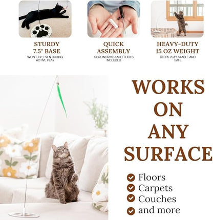 Cat Wand Toy for Indoor Cats - 43 Inch Retractable Fishing Pole Teaser - 9 Feather Attachments - Weighted Round Base - Suction Cup Mount - Bored Adult Feline Hunting Exercise - Kitten Juguetes Set