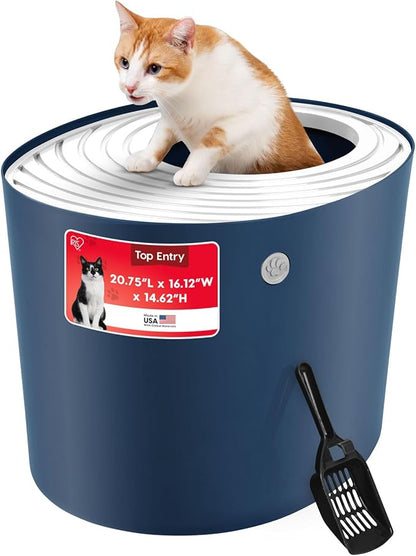 IRIS USA Large Top Entry Cat Litter Box Made in USA, Covered Enclosed Design with Lid, Litter Catching Grooved Top, Scatter Shield, Dog Proof, Scoop Included, Odor Control, Navy/White