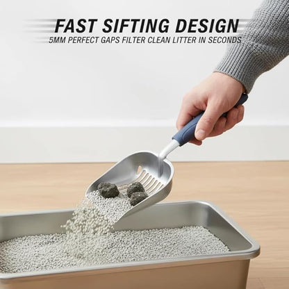 Full Metal Cat Litter Scoop with Holder, Stainless Steel Cat Litter Scooper Holder, Aluminum Kitty Scoop Captures All Clumps, Heavy Duty Kitty Metal Scooper with Non-Slip Handle