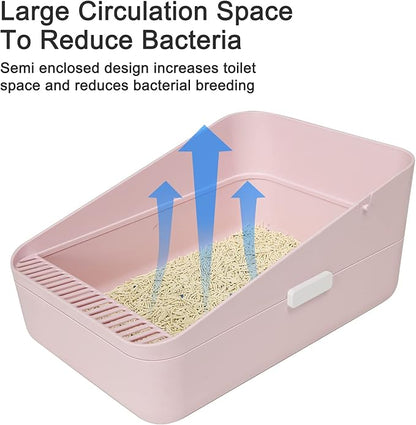 Sfozstra Open High-Sided Litter Box: Pink Medium Anti-Scatter Design - Self-Cleaning Sifting Tray - Low Tracking for Small Cats