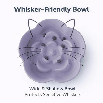 Ceramic Elevated Slow Feeder Cat Bowl, Raised and Gently Tilted Feeding Dish with Maze Design, Whisker-Friendly, Easy to Clean, for Indoor Cats and Small Dogs (Yellow/Purple)