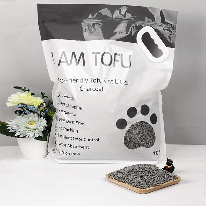 I AM TOFU - Natural Flushable Tofu Cat Litter, Low Dust Lightweight Clumping Litter, Odor Control (10 lb Bag, Charcoal)
