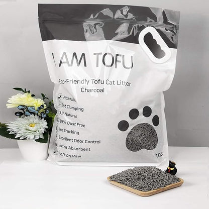I AM TOFU - Natural Flushable Tofu Cat Litter, Low Dust Lightweight Clumping Litter, Odor Control (10 lb Bag, Charcoal)