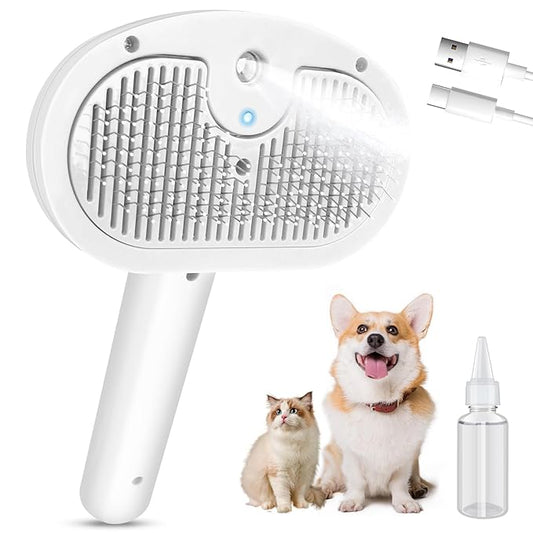 Steam Brush for Cats,4 in 1 Cat Steam Brush Self-Cleaning Slicker Brushes for Dogs,Pet Spary Hair Removal Comb for Grooming Massage,Recharegable Cat Dog Brush Used for Long&Short Haired Dogs White