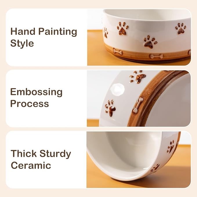Ceramic Dog Bowls, 3.5 Cups Dog Food and Water Bowl Set for Medium Dogs with Wooden Stand and Non-Slip Silicone Food Mat, Weighted Embossed Cute Puppy Bowls Feeding Dishes Set of 2, 32 OZ
