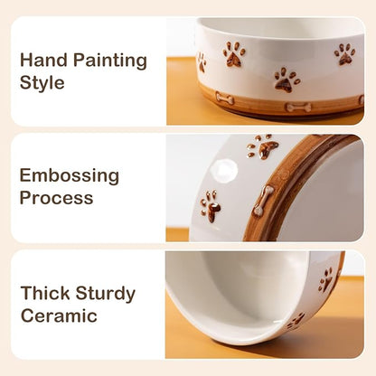 Ceramic Dog Bowls, 3.5 Cups Dog Food and Water Bowl Set for Medium Dogs with Wooden Stand and Non-Slip Silicone Food Mat, Weighted Embossed Cute Puppy Bowls Feeding Dishes Set of 2, 32 OZ