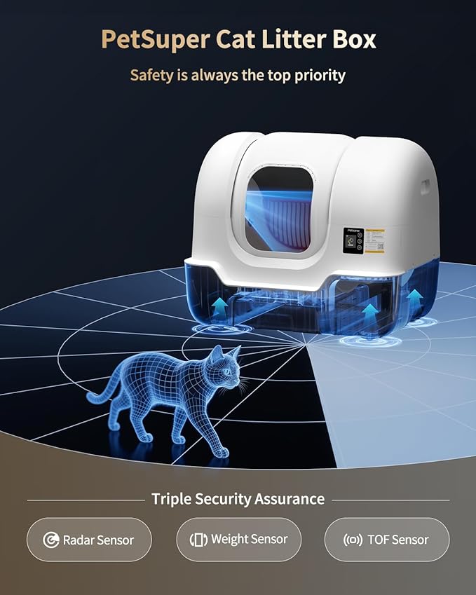 Automatic Cat Litter Box Self-Cleaning, Auto Sand Refilling, Auto Packing & Sealing, Auto Bag Replacement, One-Click Cleaning, Deodorization, APP Control, Radar Weight TOF Safety Sensors for Cats