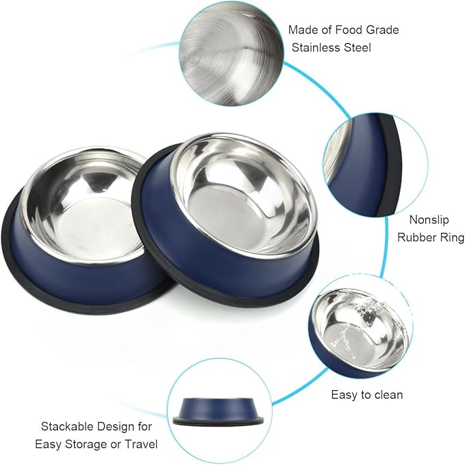 Stainless Steel Dog Bowls, Food and Water Non Slip Anti Skid Stackable Pet Puppy Dishes for Small, Medium and Large Dogs (2 Pack)