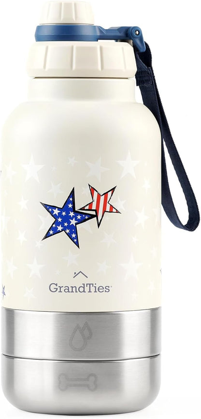 GrandTies Insulated Portable Dog Water Bottle with 2 Detachable Water Bowl Dispenser | Dog Food Travel Container, Accessories for Dogs Walking, Hiking, Camping (32oz (950mL), Patriot)