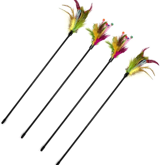 IUHKBH Cat Wand, 4 PCS Interactive Feather Stick Flexible Kitten Wand Safe Cat Teaser Wand for Indoor, All Breed Sizes