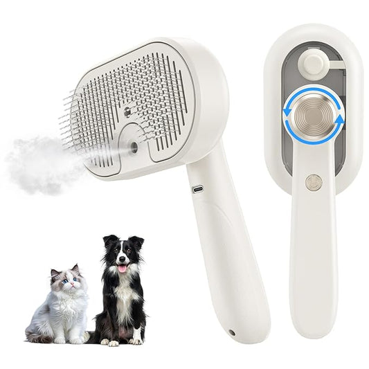 Pet Steam Brush for Dog & Cat, 3-in-1 Self Cleaning Cat Brush for Long & Short Haired Animals Low Noise, Anti-Static & Anti-Flying Mist Spray Hair Removal Comb for Shedding & Grooming & Massage