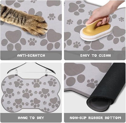 Dog Food Mats for Floors Waterproof, Pet Feeding Absorbent Water Bowl Mat Cat Placemats Gray Bone Shape 19 * 12 inch