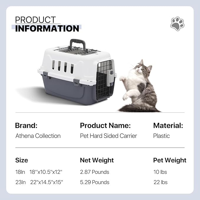 Athena Collection 18" Hard-Sided Travel Pet Carrier for Small Dogs and Cats, Plastic Dog Carriers with 2-Door Top & Front Load & Ventilation & Security Lock, Cat Dog Carrier for Pet, up to 10lbs, Grey