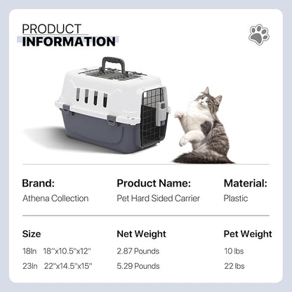 Athena Collection 18" Hard-Sided Travel Pet Carrier for Small Dogs and Cats, Plastic Dog Carriers with 2-Door Top & Front Load & Ventilation & Security Lock, Cat Dog Carrier for Pet, up to 10lbs, Grey