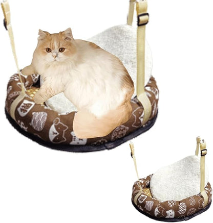 Hanging Cat Bed with Rattan Mat and Cotton Pad Cat Swing Hammock for Cage Kitten Cage Pet Hammock Ferret Bed Desk Accessories Indoor Hanging Bed Kitten Puppy Rabbit Bunny (Round-Coffee,Small)