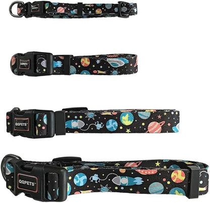 QQPETS Adjustable Soft Dog Collar: Print Flower Pink Multicolor Cute Patterns for XS Small Medium Large Pet Girl Boy Puppy Walking Running Training (XS, Space)
