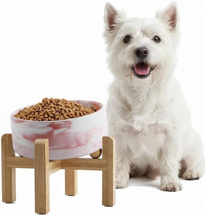 hjn Elevated Ceramic Dog Bowl 15°Slanted Raised Dog Bowl with Bamboo Stand for Small Medium Dogs and Cats, Pet Feeder -3.6-Cup (850ml)-Marble Pink