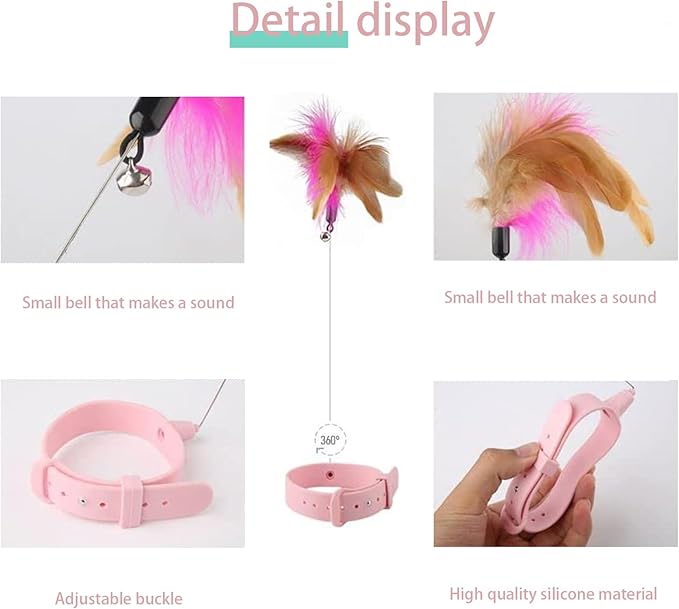 Interactive Cat Toy, Cat Teaser Wand Collar with Silicone Collar, Feather Toys for Kitten Play, Pink