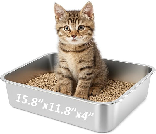 Small Stainless Steel Cat Litter Box, 15.8”x11.8”x4” Low Sided Metal Litter Box for Kittens and Rabbits, Odor Control Kitty Litter Tray, Non Sticky Indoor Litter Pan, Easy to Clean, S