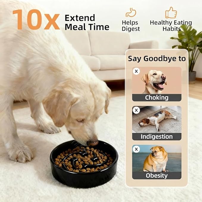 Ceramic Slow Feeder Dog Bowls Small Breed, 0.6 Cups Slow Eating Dog Bowl, Anti-Gulping Puppy Food Bowl Reduce Choking, Puzzle Maze Design Pet Dishes for Fast Eaters, 6.3 inch - Black