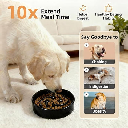 Ceramic Slow Feeder Dog Bowls Small Breed, 0.6 Cups Slow Eating Dog Bowl, Anti-Gulping Puppy Food Bowl Reduce Choking, Puzzle Maze Design Pet Dishes for Fast Eaters, 6.3 inch - Black
