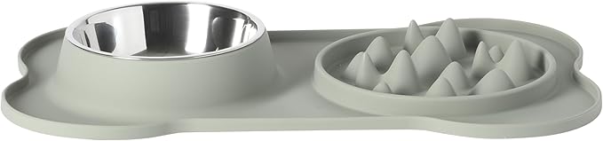 Gibson Home Curious Canines Slow Feeder Dog Bowl Set, 16” Bone Shaped Double Bowl, Silicone Base with Stainless Steel Insert, Anti-Gulp Feeding, Dishwasher Safe, Green