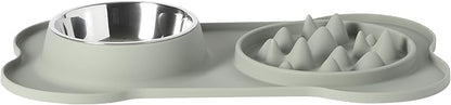 Gibson Home Curious Canines Slow Feeder Dog Bowl Set, 16” Bone Shaped Double Bowl, Silicone Base with Stainless Steel Insert, Anti-Gulp Feeding, Dishwasher Safe, Green