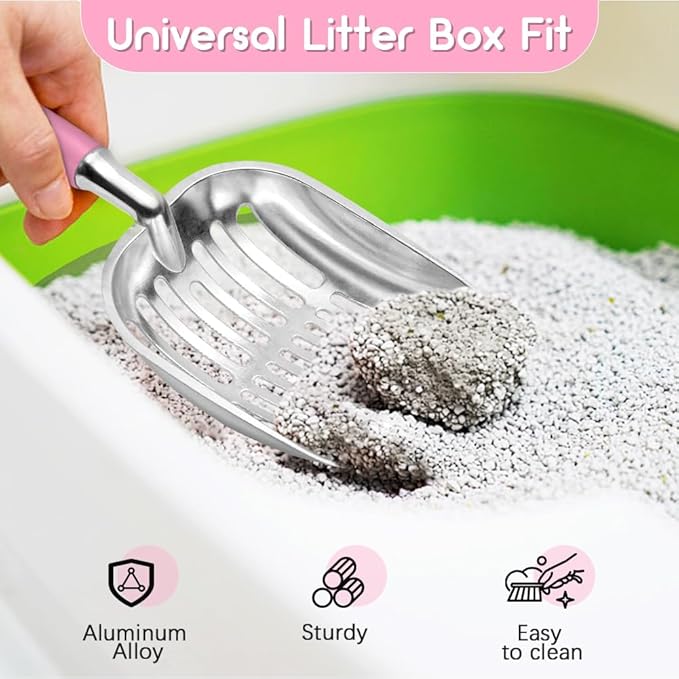 Cat Litter Scoop, Metal Cat Scooper, Plastic Handle Scoop, Sifting Shovel for Christmas – Heavy Duty Aluminum Alloy Litter Box Scoop with Deep Mesh, Design for Easy Waste Removal and Cleaning(Pink)