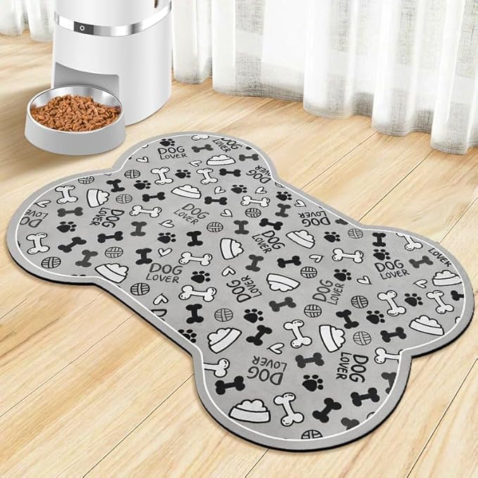 Dog Food Mats for Floors Waterproof, Pet Feeding Absorbent Water Bowl Mat Cat Placemats Gray Bone Shape 25.5 * 17 inch