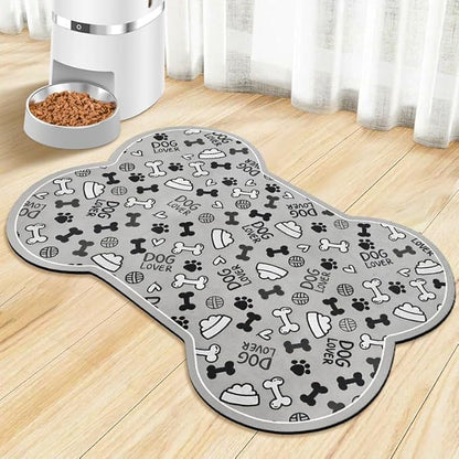 Dog Food Mats for Floors Waterproof, Pet Feeding Absorbent Water Bowl Mat Cat Placemats Gray Bone Shape 25.5 * 17 inch