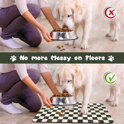Dog Food Mats for Floors Waterproof, Pet Water Bowl Mats Pet Feeding Absorbent Placemats Plaid 17 * 30 inch