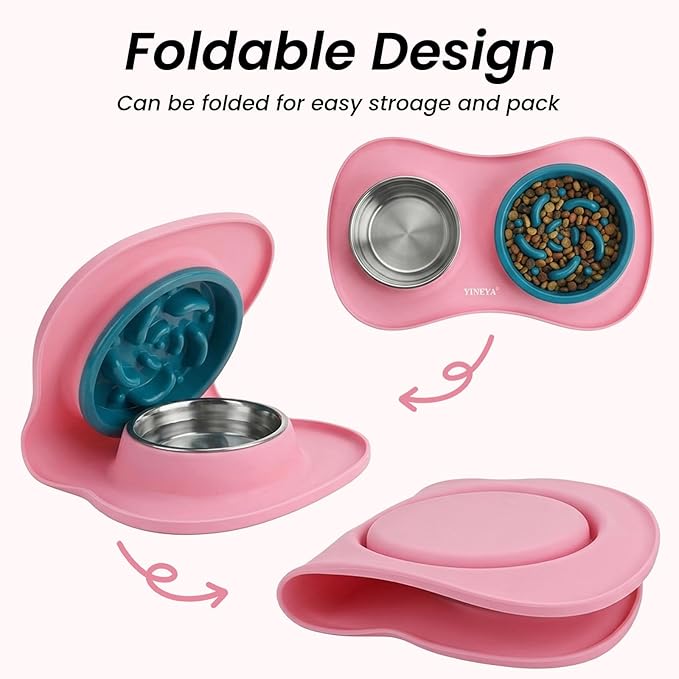 Slow Feeder Dog Bowls Stainless Steel Food and Water Bowl Set 3 in 1 No Spill Waterproof Silicone Pet Food Mat Puppy Feeding Station for Large Medium Small Breed Non Slip Metal Dish Tray by YINEYA