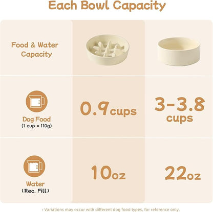 Ceramic 0.9 Cup Raised Slow Feeder Dog Bowl Set, Elevated 6.1inch Slow Dish and 6.1inch Water Bowl with Wooden Stand for Small Dogs (2 x Light Yellow+ Stand)