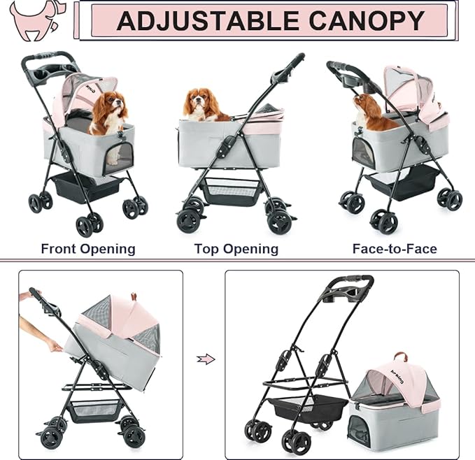 3-in-1 Pet Stroller for Small Dogs and Cats, Folding Lightweight Dog Stroller with Detachable Carrier Portable Cat Puppy Jogging Stroller with Cup Holder and Storage Basket, 4 Wheels