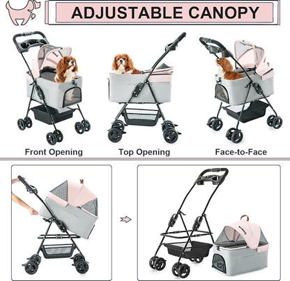 3-in-1 Pet Stroller for Small Dogs and Cats, Folding Lightweight Dog Stroller with Detachable Carrier Portable Cat Puppy Jogging Stroller with Cup Holder and Storage Basket, 4 Wheels