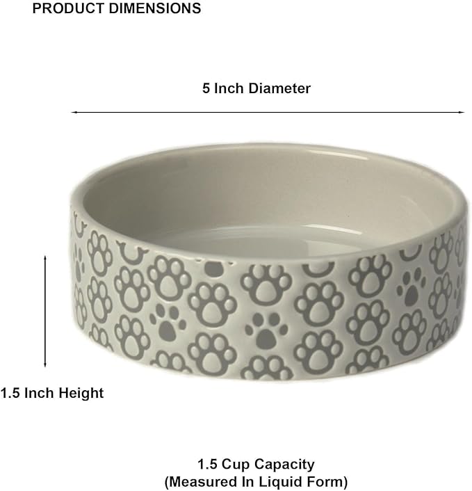 PetRageous 18428 Paws Shallow Round Stoneware Dog Bowl 5-Inch Width and 1.5-Inch Height 1.5-Cups Capacity, Grey