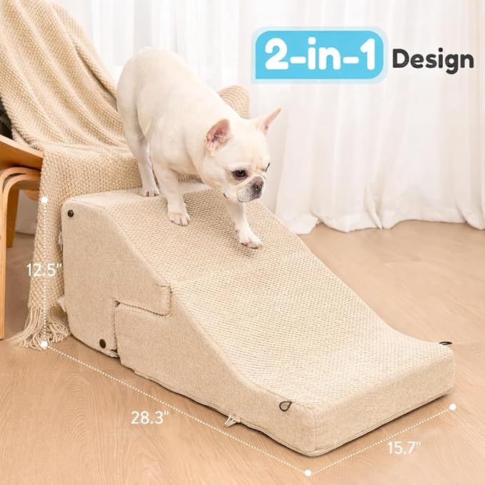 4-Step Dog Stair and Ramp for Small Dogs and Cats, Pet Steps for Bed with Non-Slip Bottom, Beige