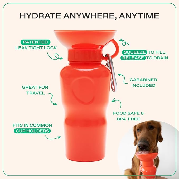 Springer Dog Travel Water Bottle | As Seen on Shark Tank | Patented, Leak-Proof, Portable Water Bottle for Dogs | BPA-Free 22 oz Classic Poppy