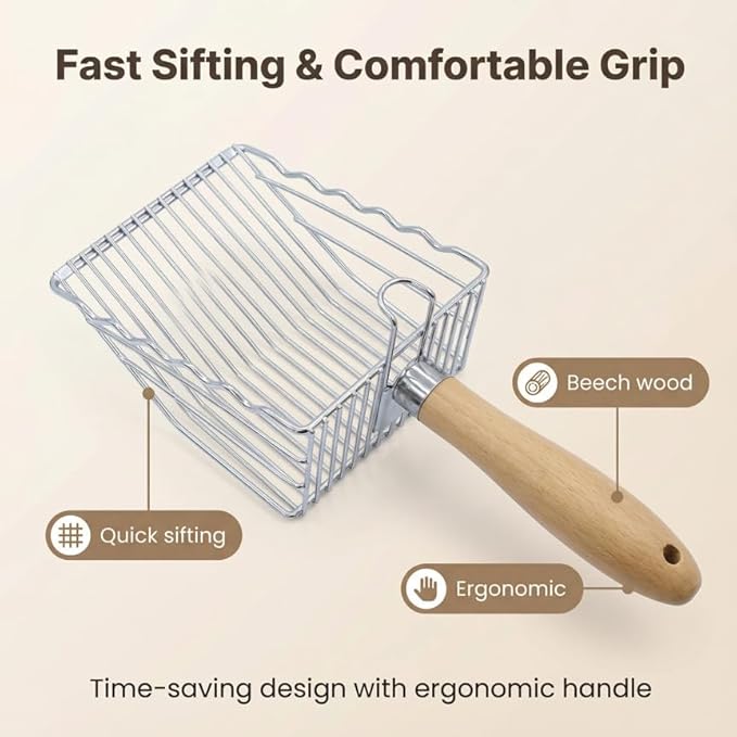 2 Pack Metal Cat Litter Scoops, Heavy-Duty Kitty Scooper with Hook, Stainless Steel Kitten Poop Lifter for Litter Box, Speed Sifter with Comfortable Beech Wood Grip