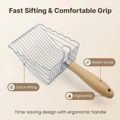 2 Pack Metal Cat Litter Scoops, Heavy-Duty Kitty Scooper with Hook, Stainless Steel Kitten Poop Lifter for Litter Box, Speed Sifter with Comfortable Beech Wood Grip