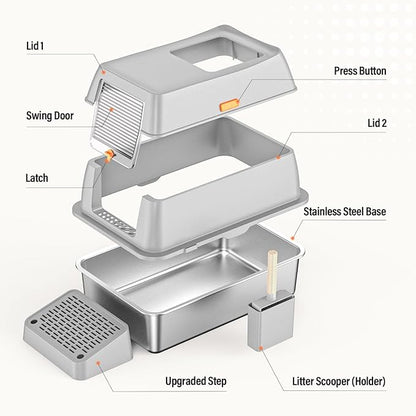 Stainless Steel Cat Litter Box with Scoop, Metal Litter Box High Sided, Cat Litter Box Enclosure, XL Extra Large High-Sided Litter Boxs (Anti-Urine Leakage, Include Scoop) (Grey)