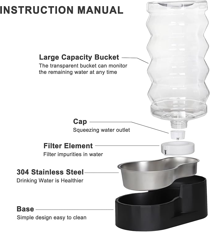 RIZZARI 9L Dog Water Dispenser:Black Stainless Steel Automatic Gravity Feeder -Removes Odors -Softens Water-Helps Prevent Urinary Stones -Extends Lifespan -for Active Dog Owners &Home Garage Balcony