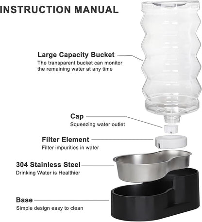 RIZZARI 9L Dog Water Dispenser:Black Stainless Steel Automatic Gravity Feeder -Removes Odors -Softens Water-Helps Prevent Urinary Stones -Extends Lifespan -for Active Dog Owners &Home Garage Balcony