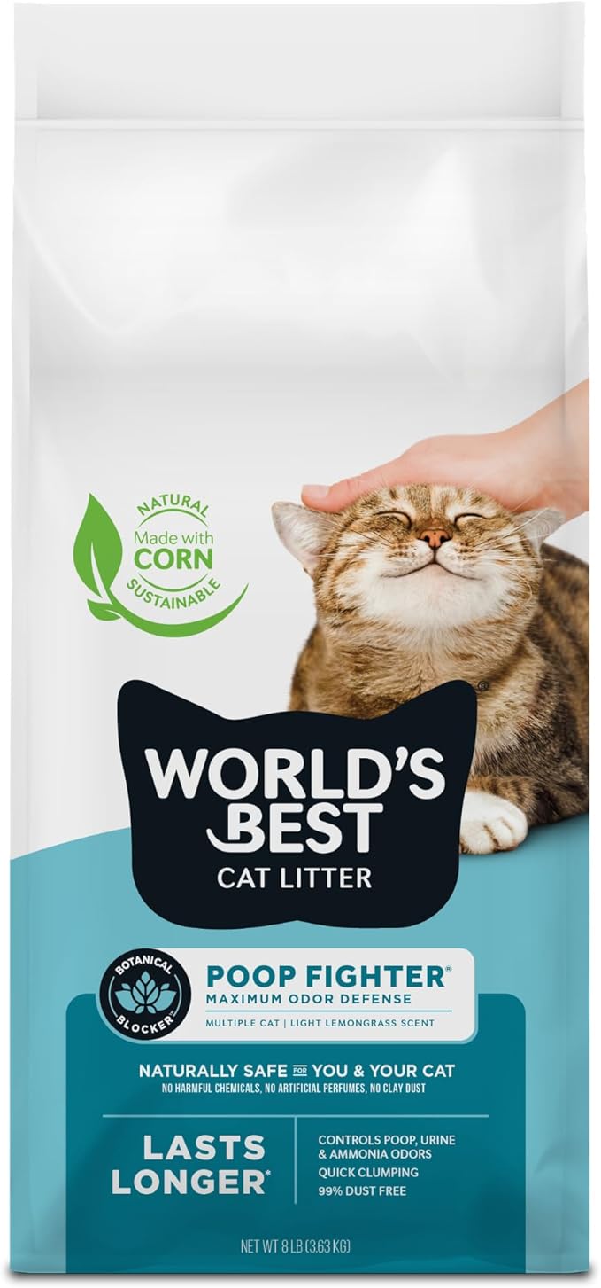WORLD'S BEST CAT LITTER Poop Fighter Maximum Odor Defense, 8-Pounds - Natural Ingredients, Quick Clumping, Flushable, 99% Dust Free & Made in USA - Long-Lasting Odor Control & Easy Scooping