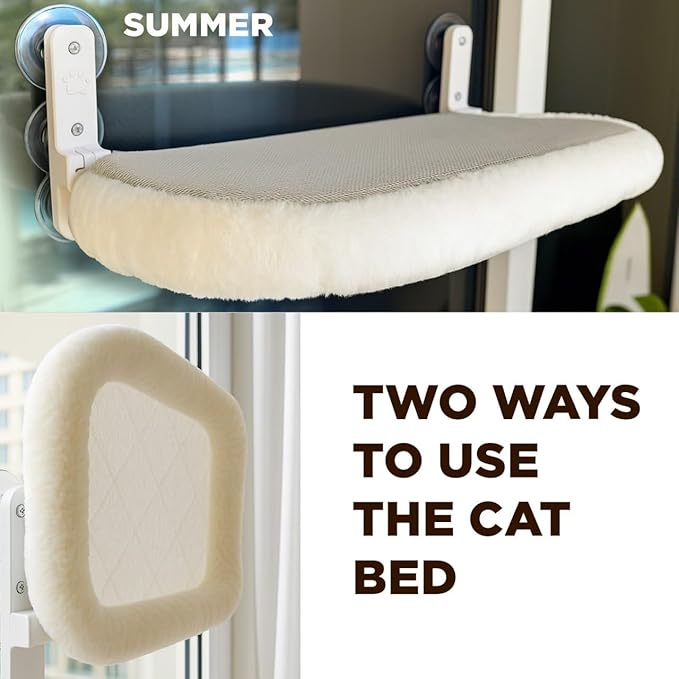 Cat Window Perch – Strong 6 Suction Cup Foldable Cat Hammock Bed for Large Cats and Kittens that Holds up to 50 lbs with Washable Reversible Cover, Sturdy Metal Frame for Window (White)