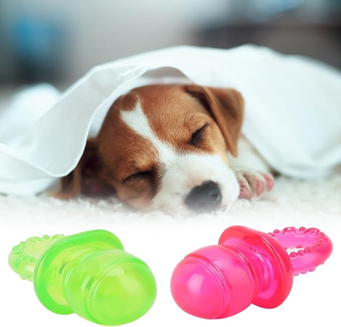 Puppy Pacifier for Small Dogs, 2 PCS Dog Pacifier, Pet Puppy Molar Chewing Training Toys Bite Resistant Rubber Clean Teeth Tools (Red Green) (1)