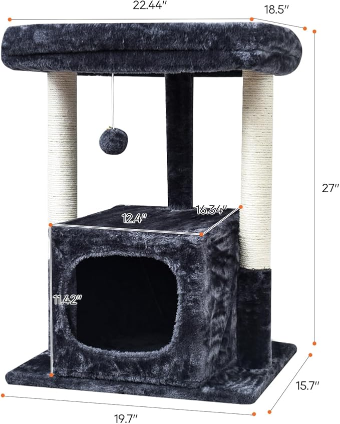 SYANDLVY 27IN Cat Tree for Indoor Cats Large Adult, Modern Activity Tower with Scratching Posts, Condo with Plush Perch, Climbing Stand with Spring Ball for Play, Smoky